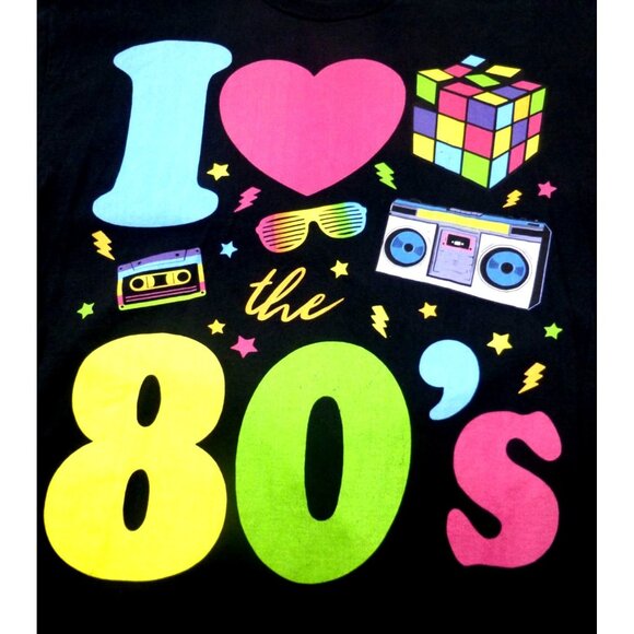 I Love The 80s Port & Company XL T-Shirt Black 100% Cotton Neon Graphics Retro S - Picture 3 of 8